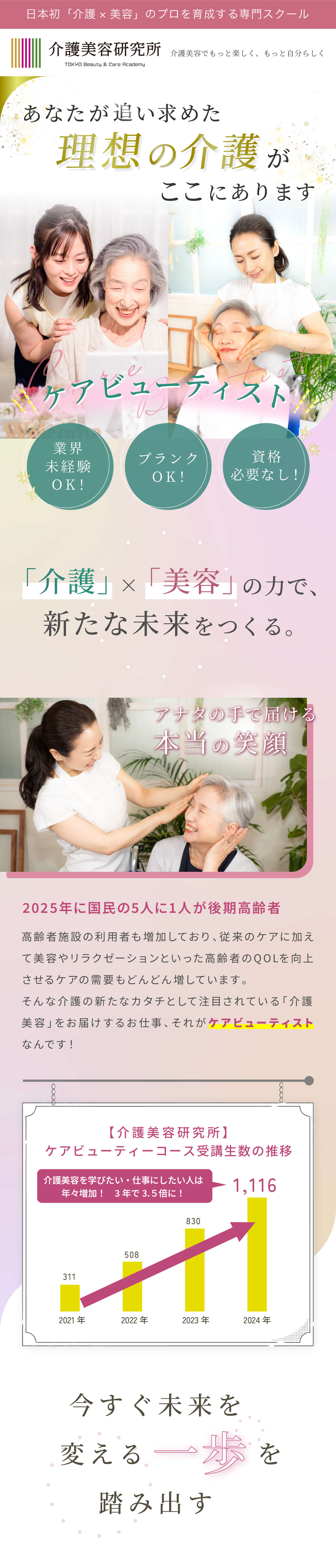 あなたが追い求めた理想の介護がここにあります。美容未経験でもOK！ブランクあってもOK！資格は必要なし！「介護」×「美容」の力で、新たな未来をつくる。2025年に国民の5人に1人が後期高齢者。高齢者施設の利用者も増加しており、従来のケアに加えて美容やリラクゼーションといった高齢者のQOLを向上させるケアの需要もどんどん増しています。そんな介護の新たなカタチとして注目されている「介護美容」をお届けするお仕事、それがケアビューティストなんです！介護美容を学びたい・仕事にしたい人は年々増加！3年で3.５倍に！今すぐ未来を変える一歩を踏み出す