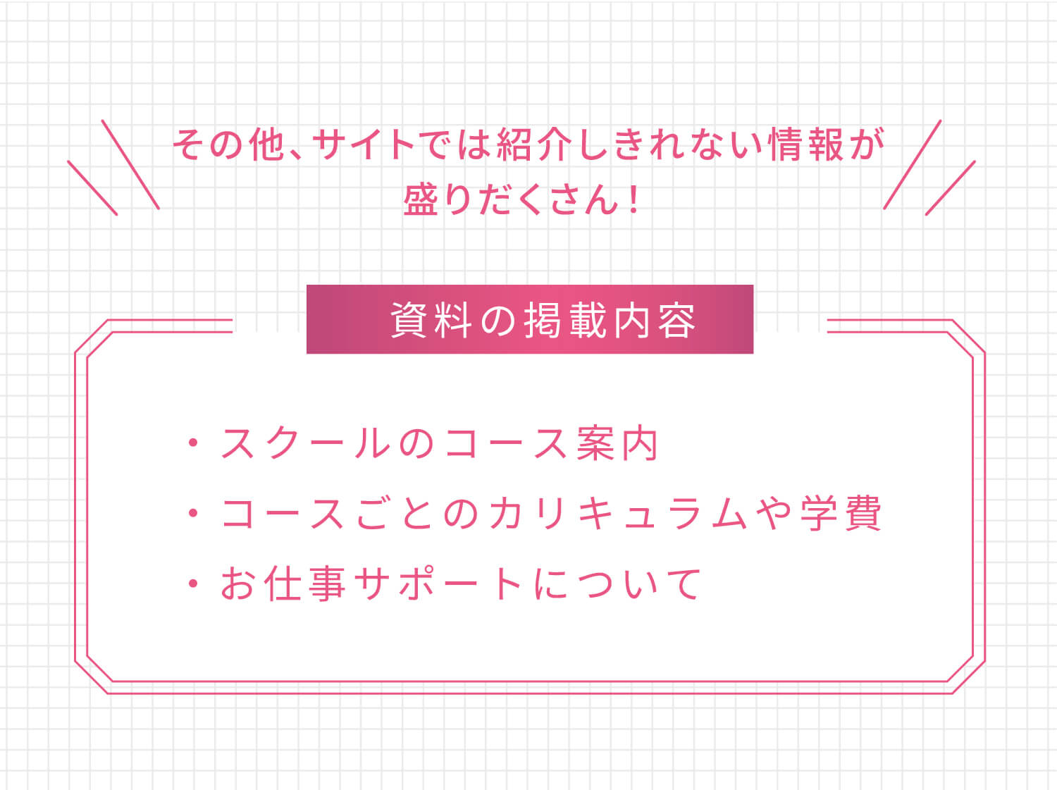 その他、サイトでは紹介しきれない情報が盛りだくさん！資料の掲載内容・スクールのコース案内・コースごとのカリキュラムや学費・お仕事サポートについて