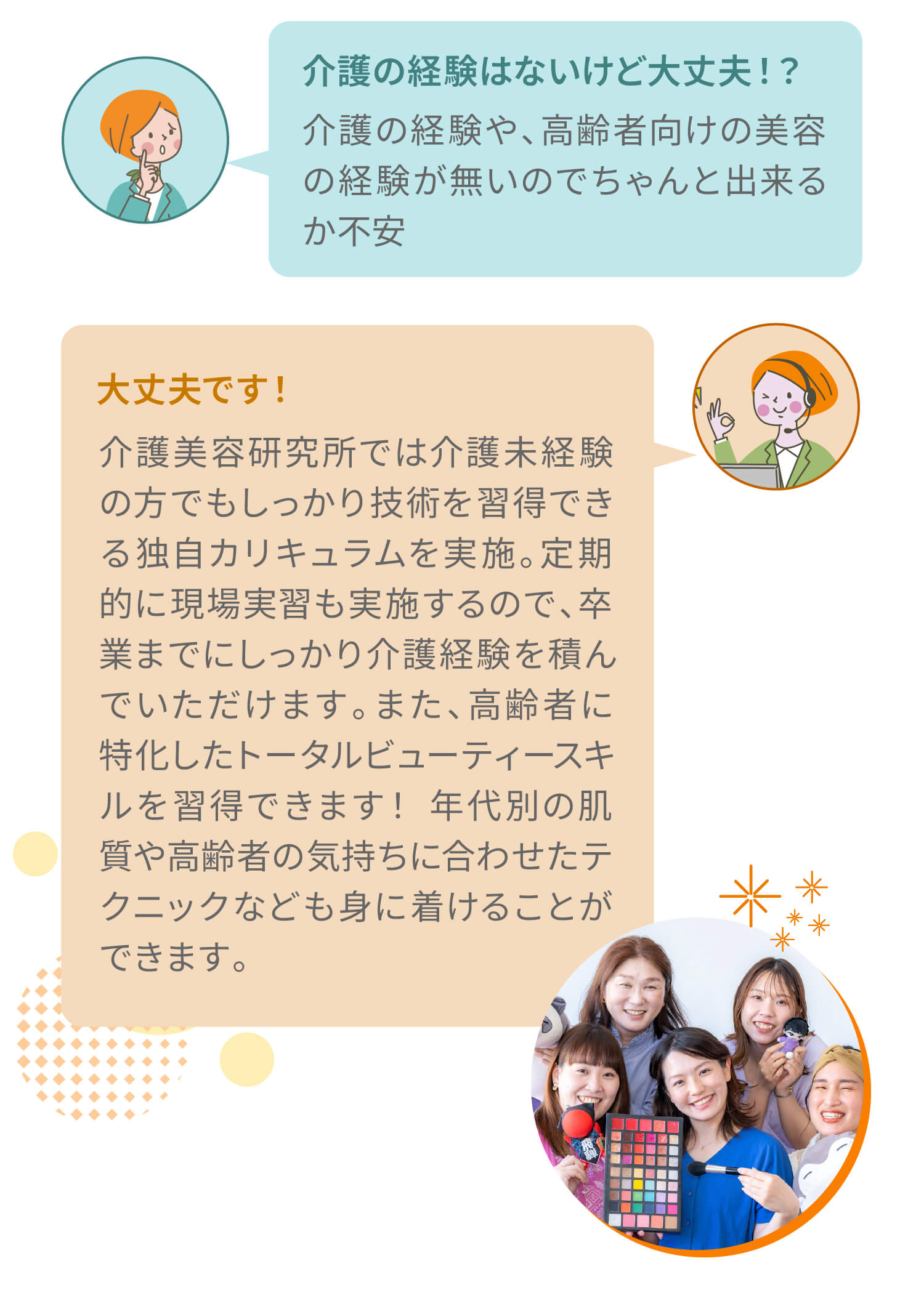（生徒）介護の経験はないけど大丈夫！？介護の経験や、高齢者向けの美容の経験が無いのでちゃんと出来るか不安（スタッフ）大丈夫です！介護美容研究所では介護未経験の方でもしっかり技術を習得できる独自カリキュラムを実施。定期的に現場実習も実施するので、卒業までにしっかり介護経験を積んでいただけます。また、高齢者に特化したトータルビューティースキルを習得できます！ 年代別の肌質や高齢者の気持ちに合わせたテクニックなども身に着けることができます。
