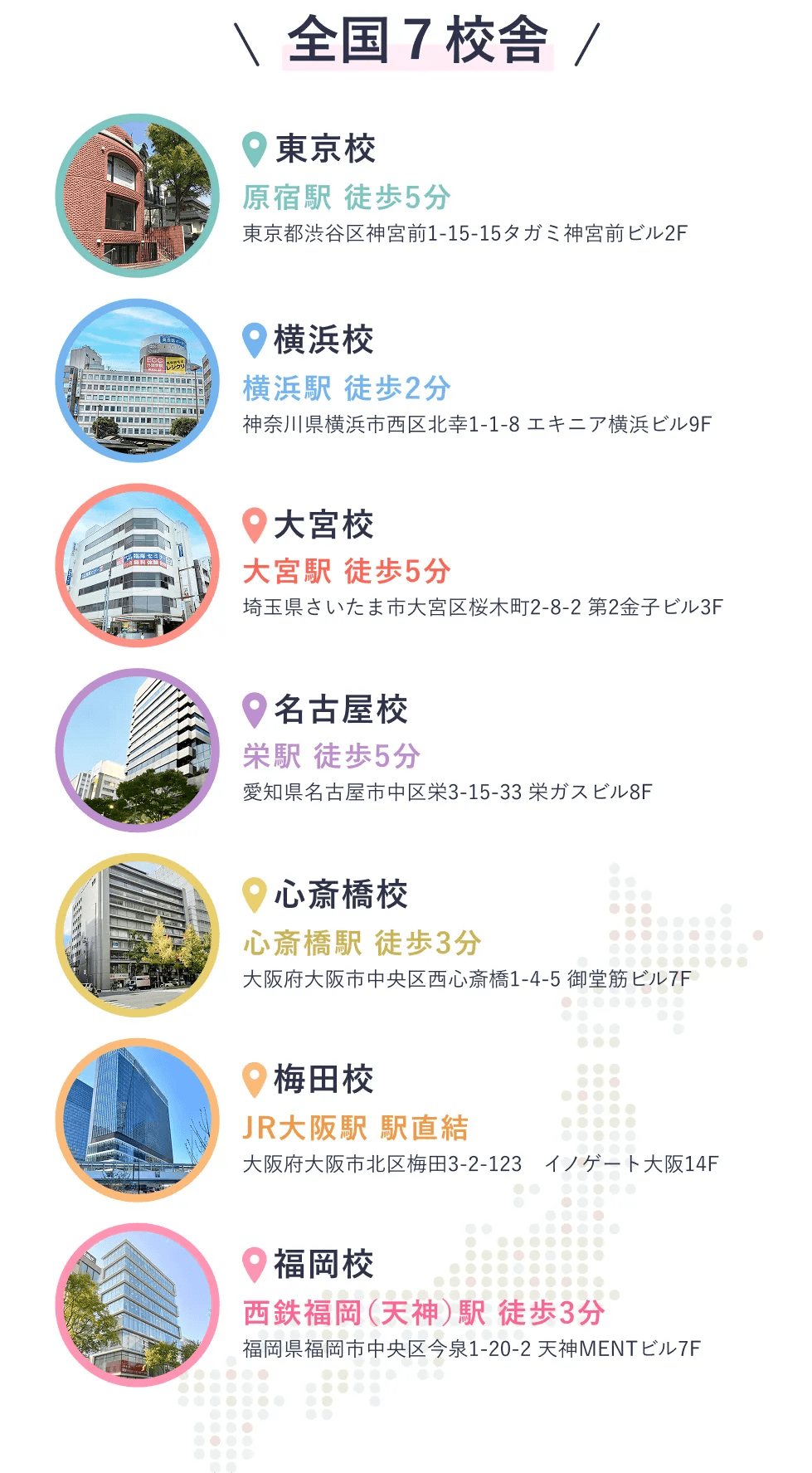 全国7校舎（東京・横浜・大宮・名古屋・心斎橋・梅田・福岡）