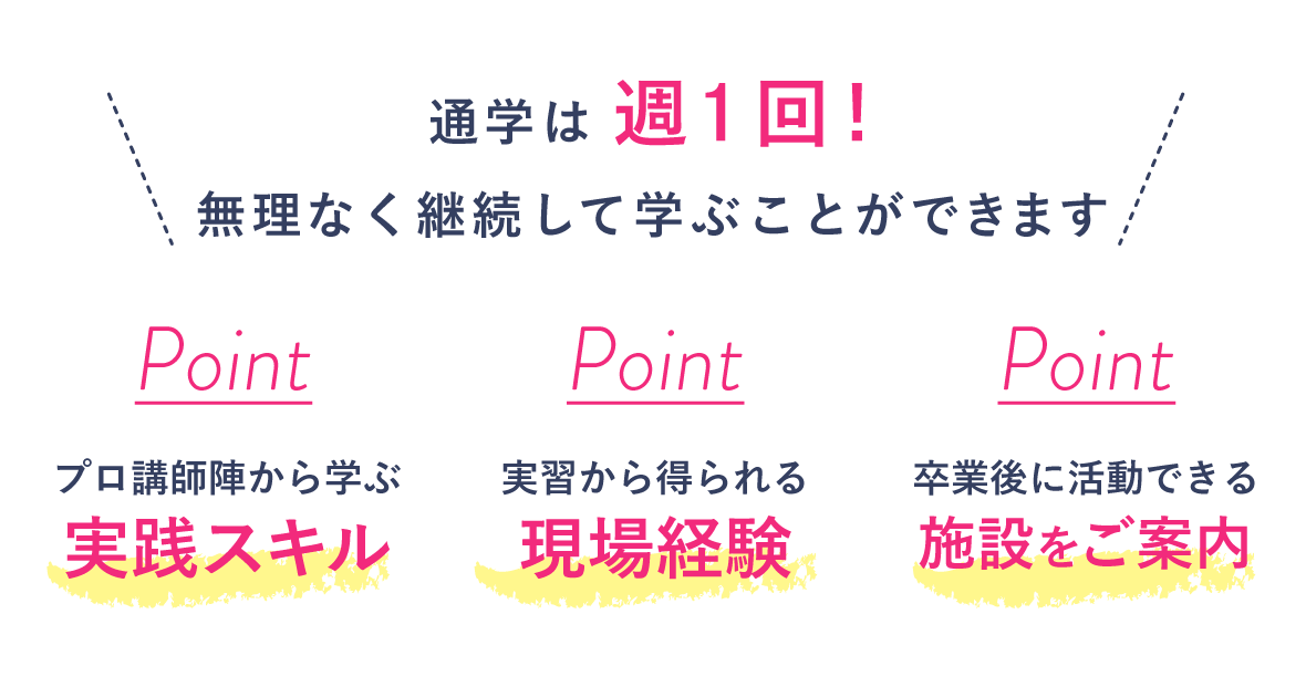 通学は週1回！ Point：実践スキル・現場経験・施設をご案内
